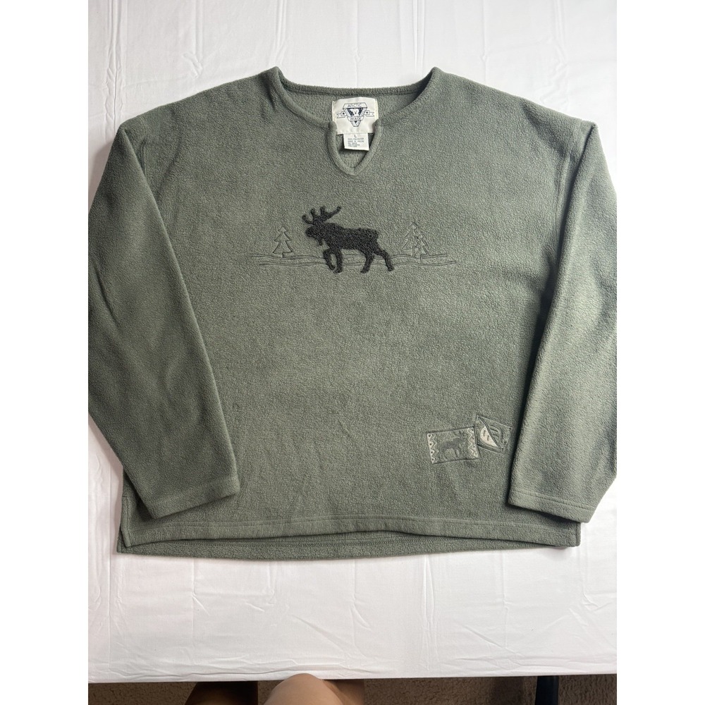 Arctic Image Wildlife Fleece Pullover Green Women's Large Moose Cozy V Neck